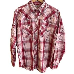 Vintage Red Plaid Metallic Wrangler Long Sleeve Pearl Snap Shirt Size Large Read